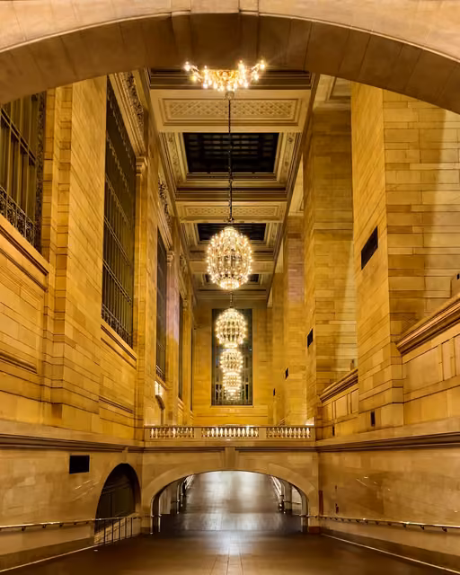 Ornate stone corridor with three tiered gold chandeliers hanging from arched ceiling, leading to a lower tunnel with a stone balustrade.